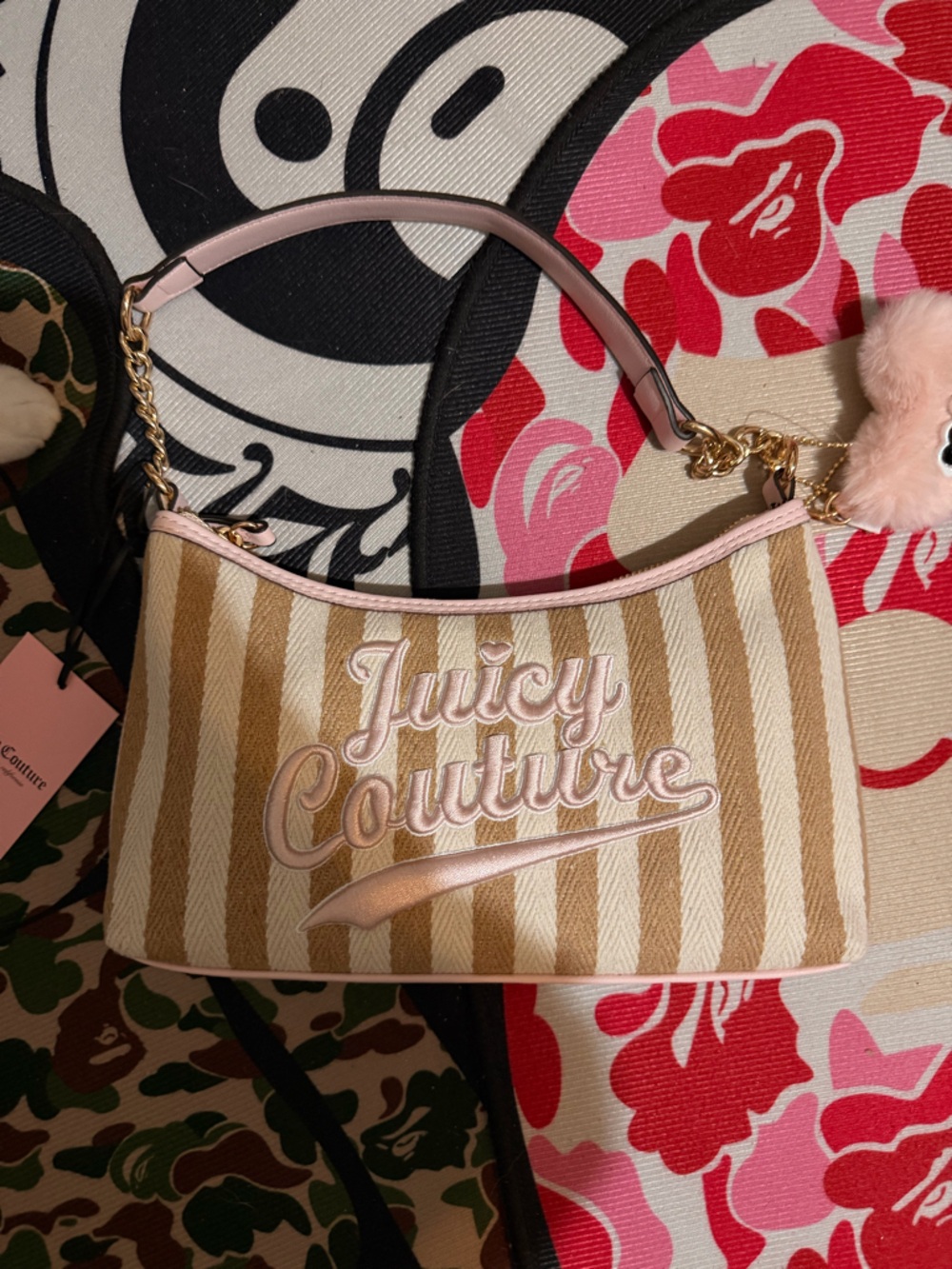 Juicy Couture Cream and Tan Striped Crossbody with Pink Trim